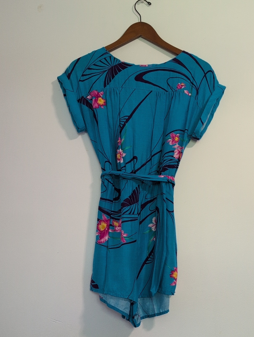 Turquoise Floral Short-Sleeve Dress with Waist Tie
